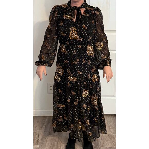Express Black Gold Embroidered Midi Dress NWT Small Witchy Eventwear - Picture 15 of 16